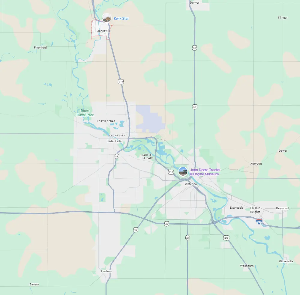 Map of Cedar Falls and the nearby towns we clean in, with a red pin on each one