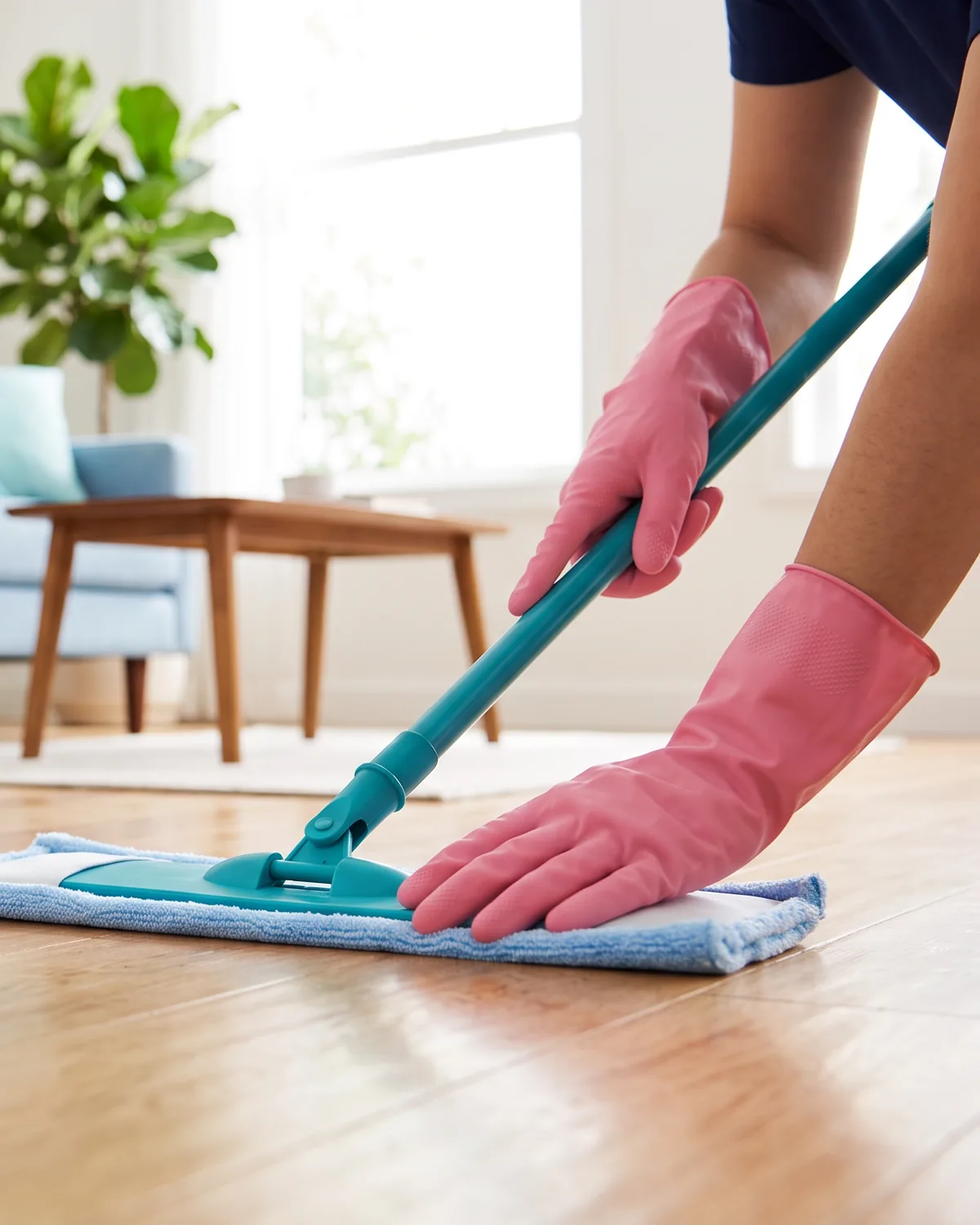 Pink-gloved hands mopping the floor of a bright, tidy living room