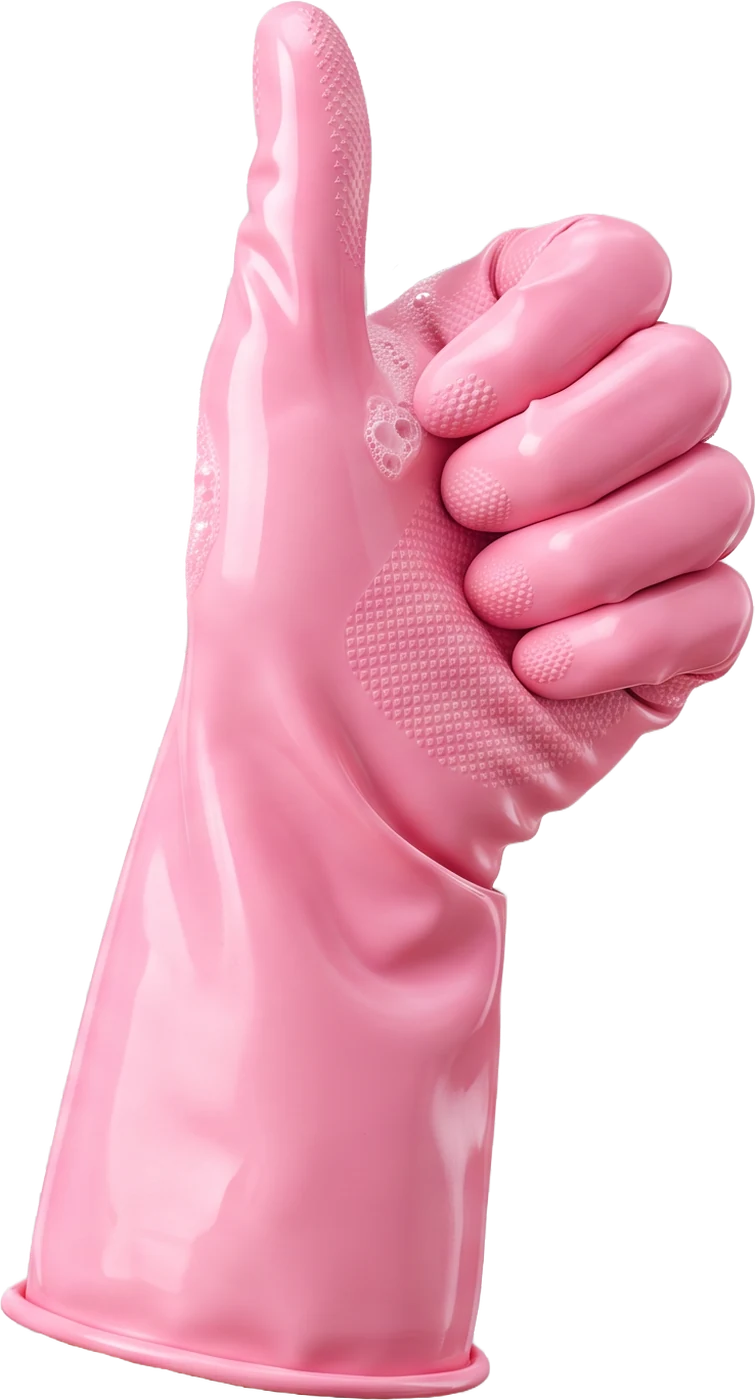 A pink rubber cleaning glove giving a thumbs-up