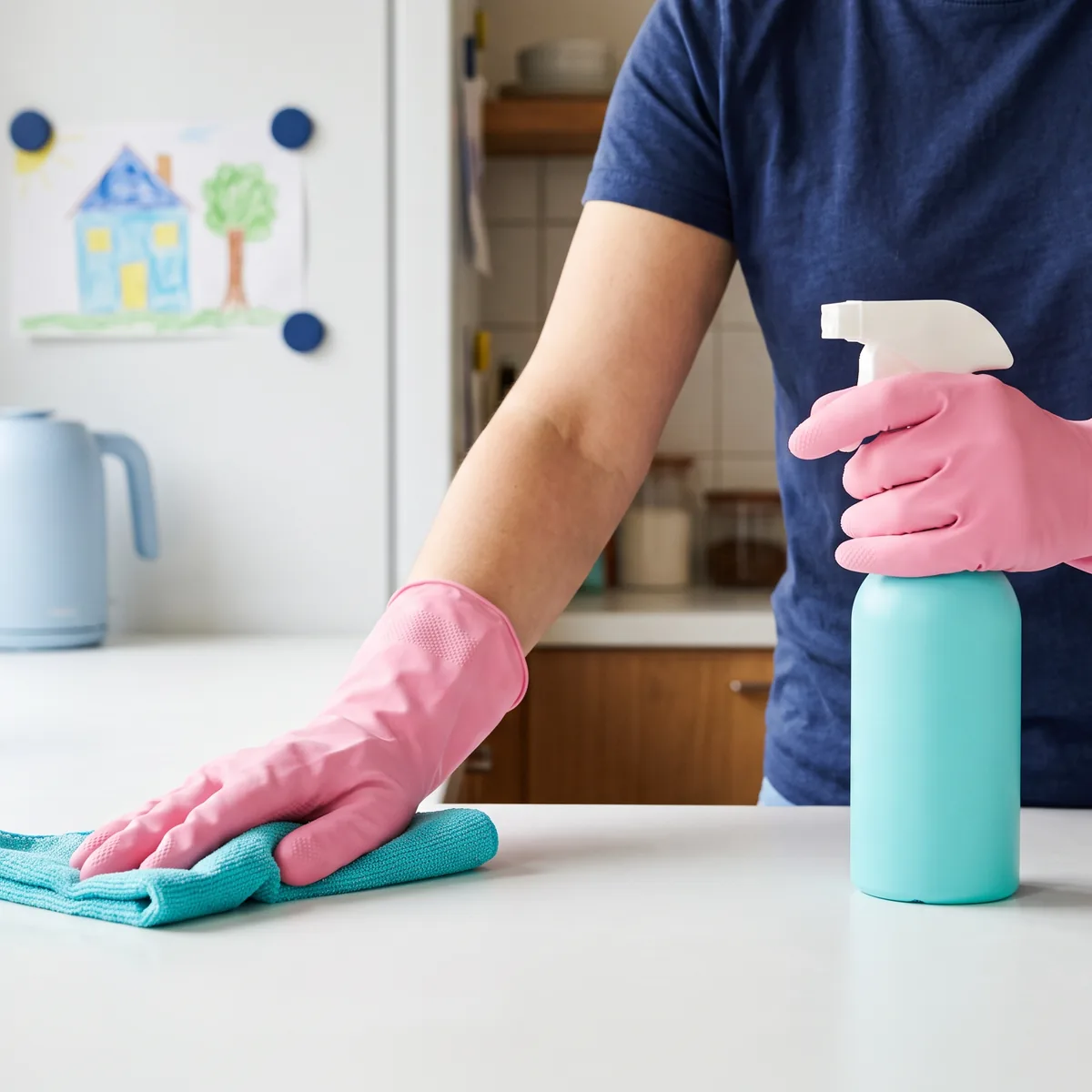 Pink-gloved hands wiping down a kitchen counter in a family home