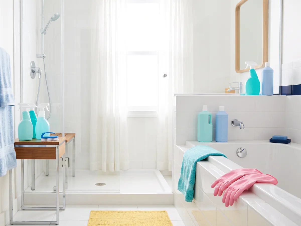 A bright bathroom with a clean glass shower and fresh towels, pink rubber gloves resting on the tub