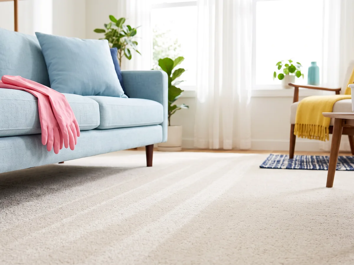A freshly cleaned cream carpet with even vacuum lines, pink rubber gloves on the sofa arm
