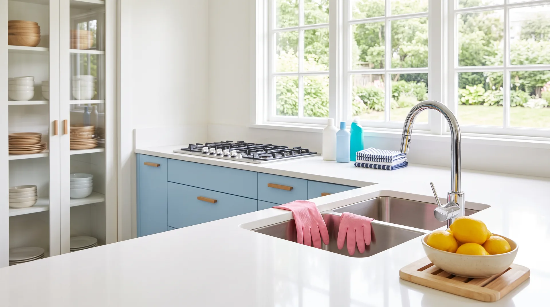 A gleaming kitchen with clear counters and powder-blue cabinets, pink rubber gloves left over the sink