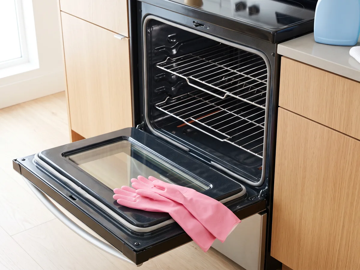 A spotless oven with clean racks, pink rubber gloves on the open door