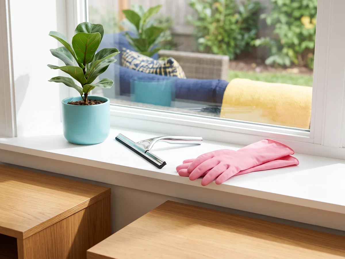 A streak-free window over a clean sill with a plant, a squeegee and pink rubber gloves