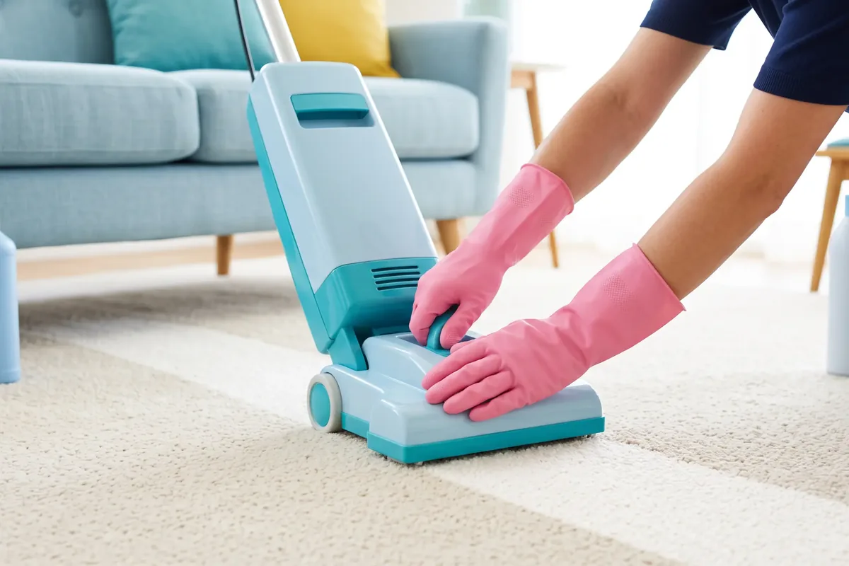 Pink-gloved hands pushing a carpet cleaner across a cream rug, leaving a clean stripe
