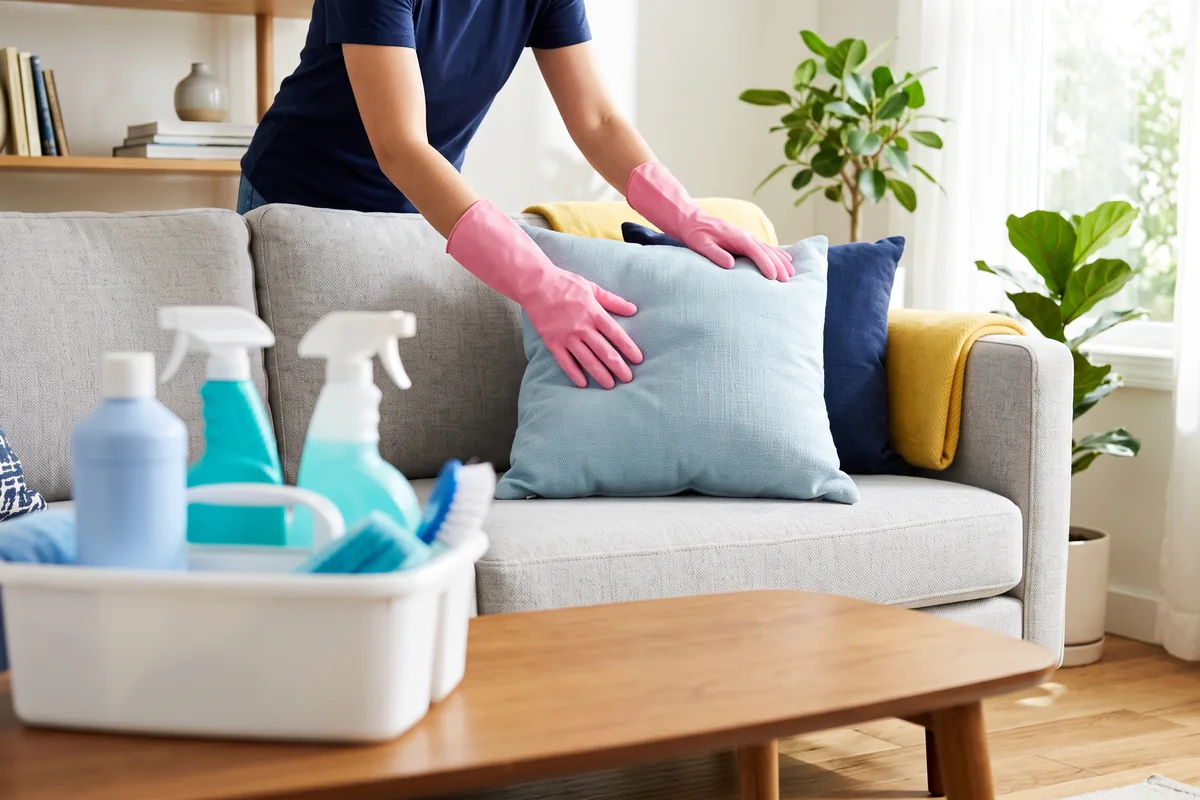 Pink-gloved hands plumping a cushion on a living-room sofa, with a caddy of cleaning supplies on the coffee table