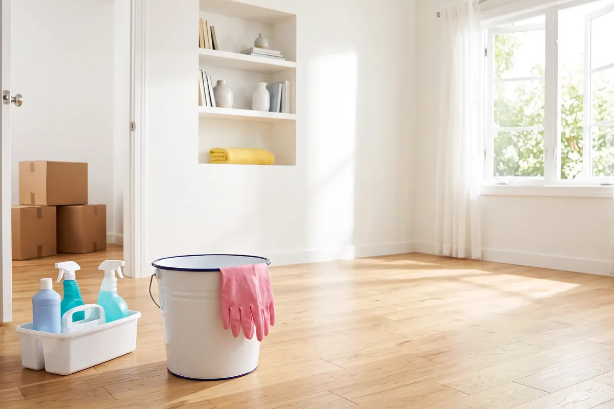An empty, freshly cleaned room with moving boxes, a cleaning caddy and a bucket with pink gloves on its rim