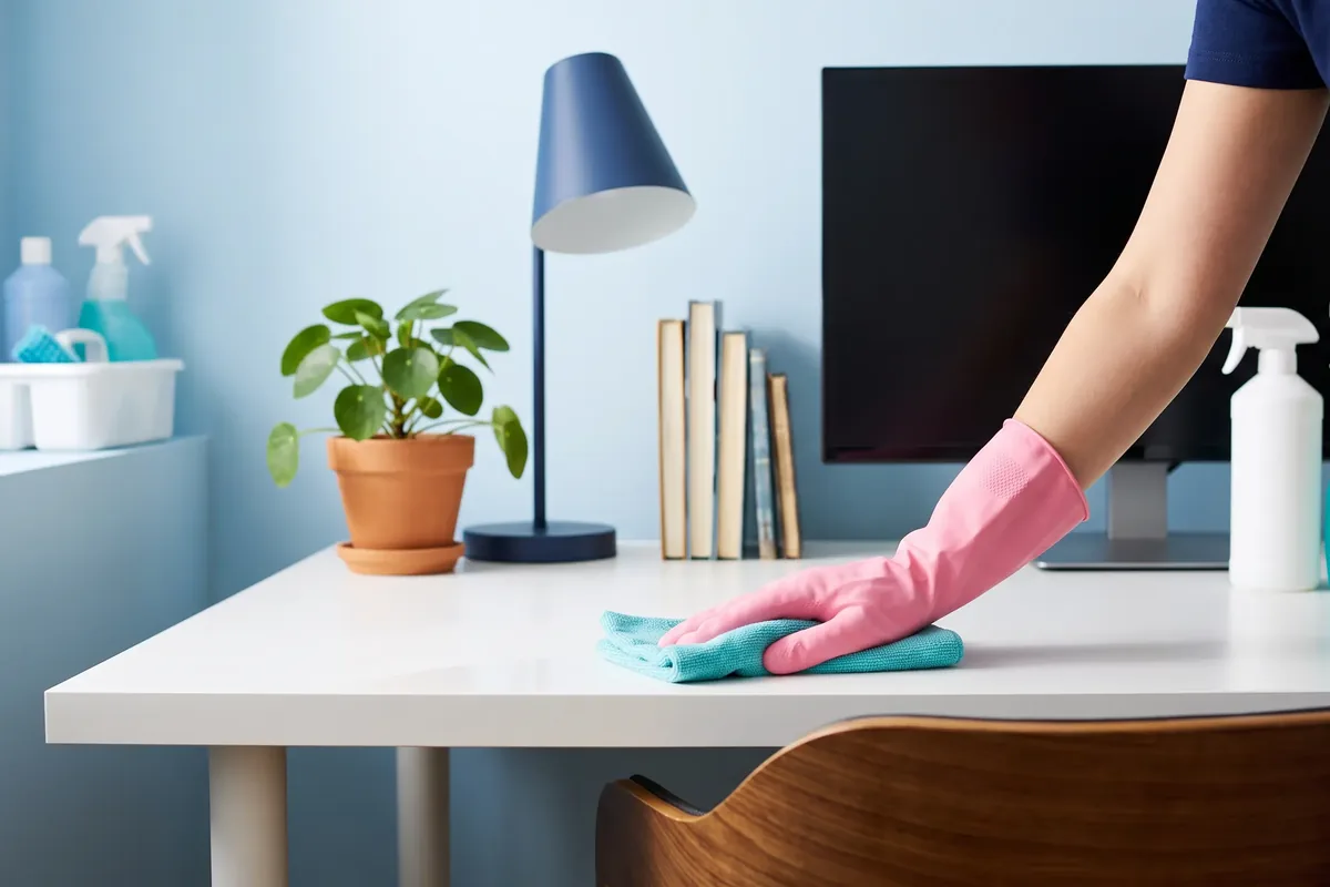 A pink-gloved hand wiping down a white office desk