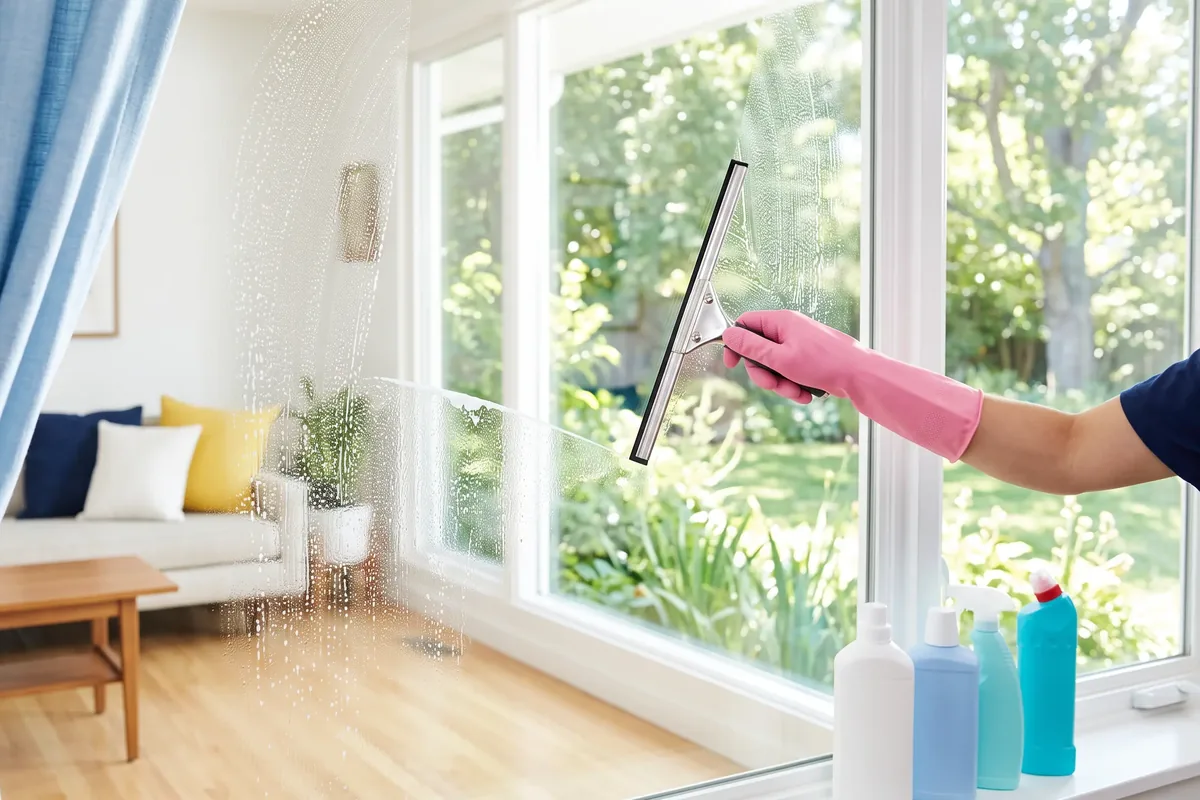 A pink-gloved hand squeegeeing a large window that looks out on a garden